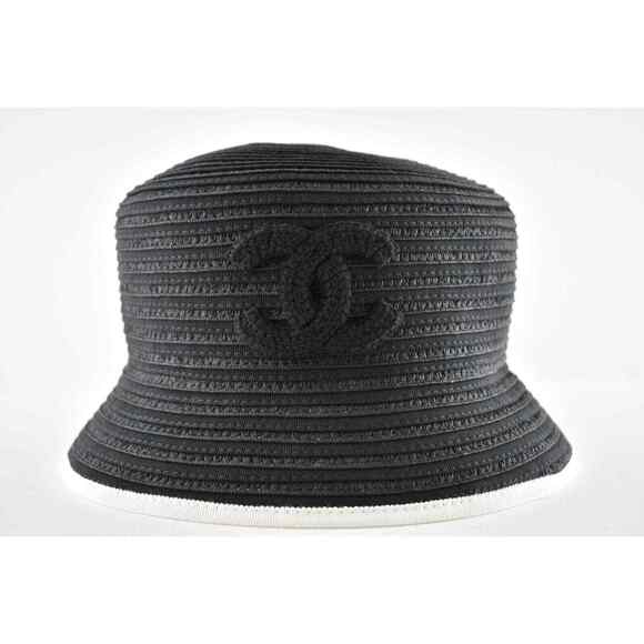 Chanel 22P Black White Raffia CC Crochet Logo Sun Cloche Bucket Hat Small S main image 8